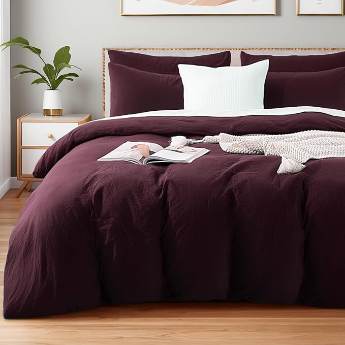 NEXHOME PRO Oversized King Duvet Cover Set – 100% Certified Organic Cotton with Washed Feel & Linen-Like Texture, Comfortable & Breathable, Home Bedding Set Burgundy (No Comforter) 12098N