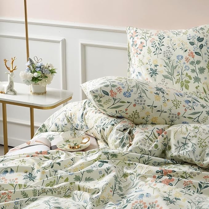 Floral Duvet Cover Queen Size Green Botanical Flower Duvet Cover Set Women Men Boho Aesthetic Garden Style Vinatge Soft Microfiber Bedding Set 3 Pieces with Zipper Ties