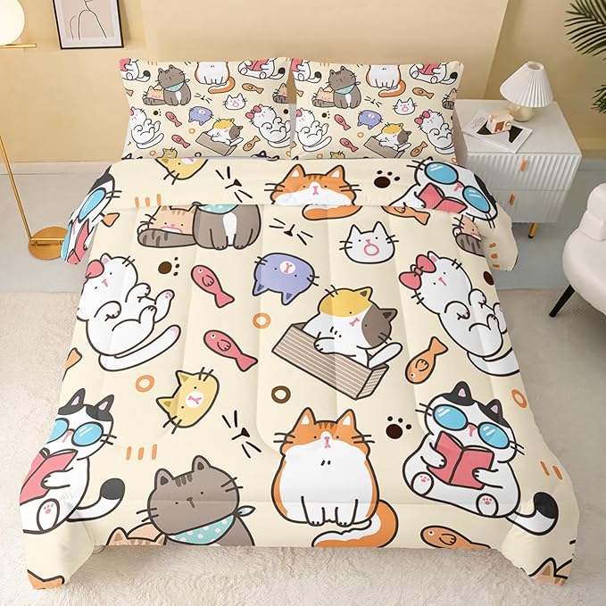 QOOMO Kawaii Cat Comforter King,Kawaii Animals Comforter Set for Kids Teens Girls,3Pcs Bedding Set Printed Comforter with 2 Pillowcases,Down Alternative,Soft and Lightweight，King Size