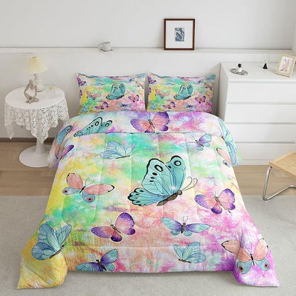 Feelyou Butterfly Comforter Set Tie Dye Flying Butterflies Theme Bedding Set for Kids Boys Girls Teens Rainbow Watercolor Decor Comforter Colorful Quilt Set Room 3Pcs King Size