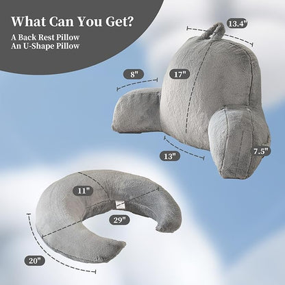 Reading Pillow for Bed,U Shaped & Back Support Pillow for Bed,17" Backrest with Lumbar & Arm Support,Luxurious Faux Rabbit Fur,Gaming PillowFor Crochet/Reading/Watching TV,Gray