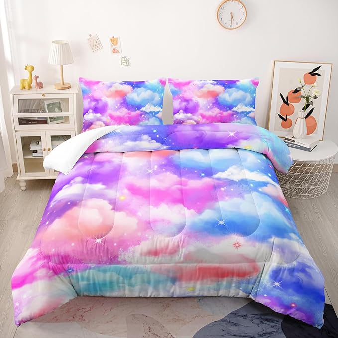 Rainbow Bedding Comforter Set with 3D Digital Printing - Pink Clouds Full Size for Boys & Girls - Includes 1 Comforter and 2 Pillowcases