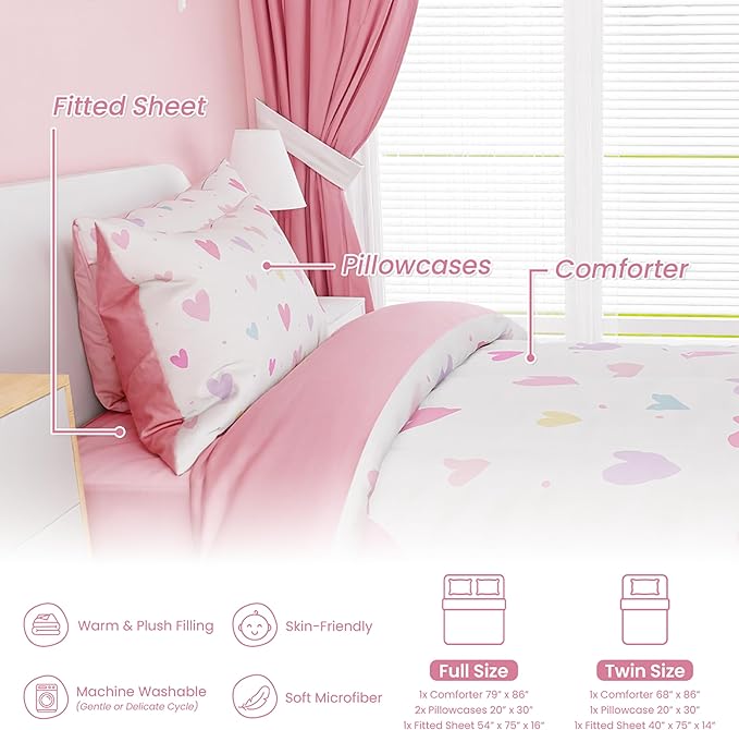 SANDJEST Heart Comforter Set Full Size 98x86in for Kids Girls, Microfiber 4 Pcs Bedding Set Includes 1 Comforter, 2 Pillowcases, 1 Fitted Sheet, Nursery Room Decor