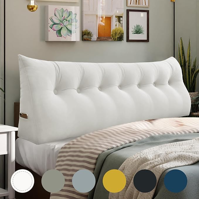 WOWMAX 100% Cotton Velvet Headboard Pillow – King Size Wedge Back Support Reading Bolster for Bed & Daybed, Handmade Firm Support Cushion with Removable Cover, Soft Luxury Bed Rest Pillow, White