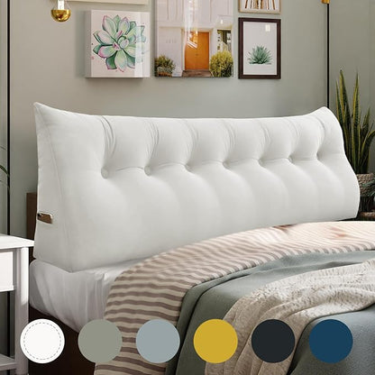 WOWMAX 100% Cotton Velvet Headboard Pillow – King Size Wedge Back Support Reading Bolster for Bed & Daybed, Handmade Firm Support Cushion with Removable Cover, Soft Luxury Bed Rest Pillow, White