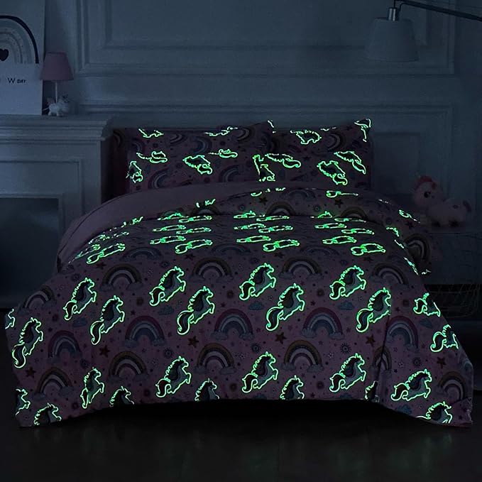 Glow in The Dark Kids Comforter Set， 3 Pieces Pink Unicorn Bedding Set Twin Size for Boys Girls Teen, 1 Comforter, 1 Pillowcase, 1 Pillow Sham