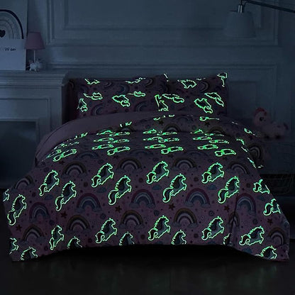 Glow in The Dark Kids Comforter Set， 3 Pieces Pink Unicorn Bedding Set Twin Size for Boys Girls Teen, 1 Comforter, 1 Pillowcase, 1 Pillow Sham