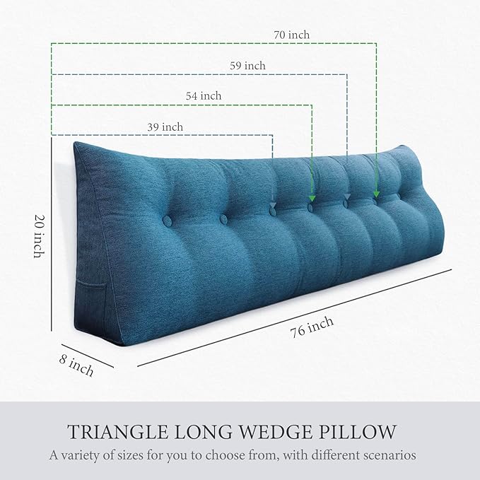 8 lbs Thickened Twin Headboard Pillow Wedge College Dorm Bed Pillow for Backrest Reading Triangular Pillow with Side Pocket for Sitting in Bed, Dorm Bedding Essentials for Girls & Boys Blue