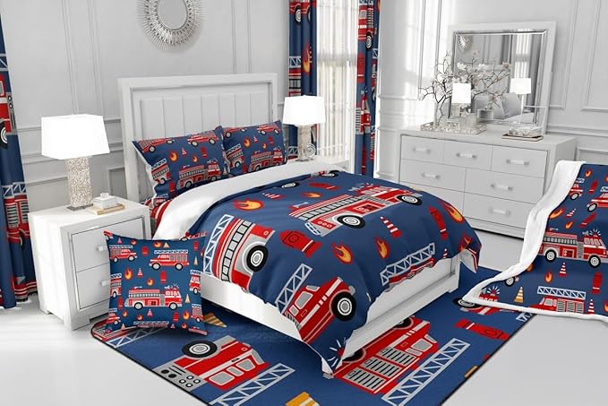 Feelyou Cartoon Car Bedding Set Fire Truck Comforter Set for Kids Boys Girls Teens Room Decor Firefighter Comforter Firemen Car Vehicle Fire Engine Blue Red Duvet Set 3Pcs Queen Size