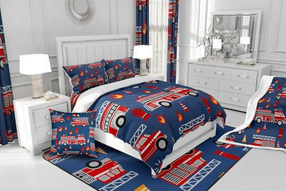 Feelyou Cartoon Car Bedding Set Fire Truck Comforter Set for Kids Boys Girls Teens Room Decor Firefighter Comforter Firemen Car Vehicle Fire Engine Blue Red Duvet Set 3Pcs Queen Size