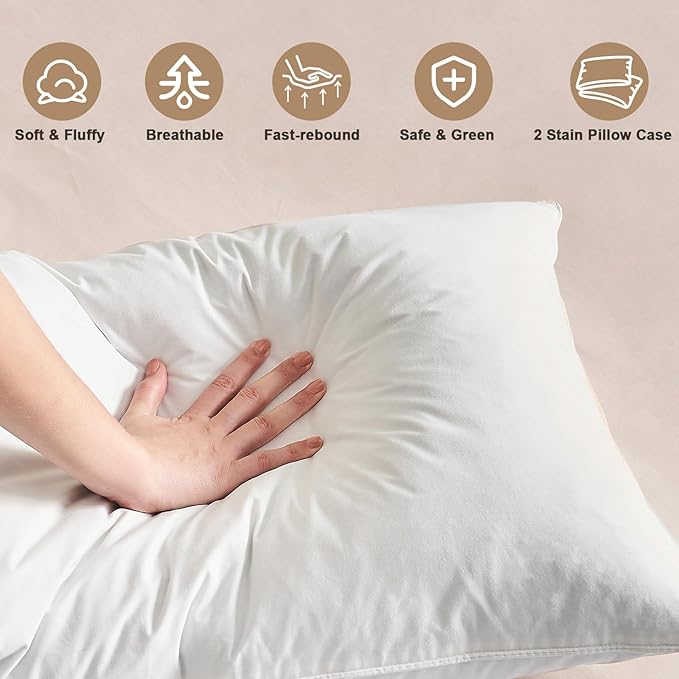 BHZ White Satin Goose Down Feather Pillows King Size Set of 2 with Pillowcase for Hair and Skin, Cooling Pillow Cases Similar to Silk Pillow Cases, Decorative for Women, Mom Men