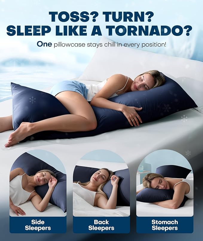 Ice Cooling Body Pillowcase for Hot Sleepers, Stay Cool All Night, Silky Touch Long Body Pillow Cases with Invisible Zipper, Soft Breathable Body Pillow Cover, Gift for Men Women - 20"x54", Navy Blue