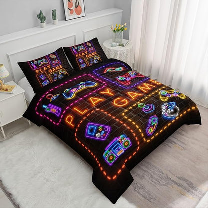 Kids Comforter Set Neon Gamepad Printed Pattern Bedding Set with 1 Comforter and 2 Pillowcases for Girls Boys Bedroom All Season(C-Neon Gamepad Full)