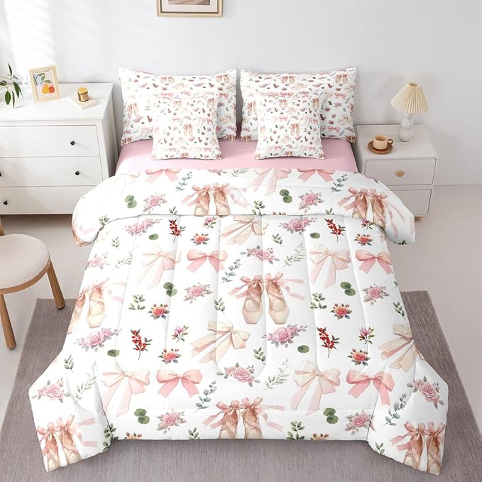 Feelyou Pink Flower 7 Piece Bedding Set Exquisite Dance Shoes Comforter Set with Sheets for Kids Boys Girls Gentle Bow Bed in a Bag Princess Style Bed Set Soft Lightweight