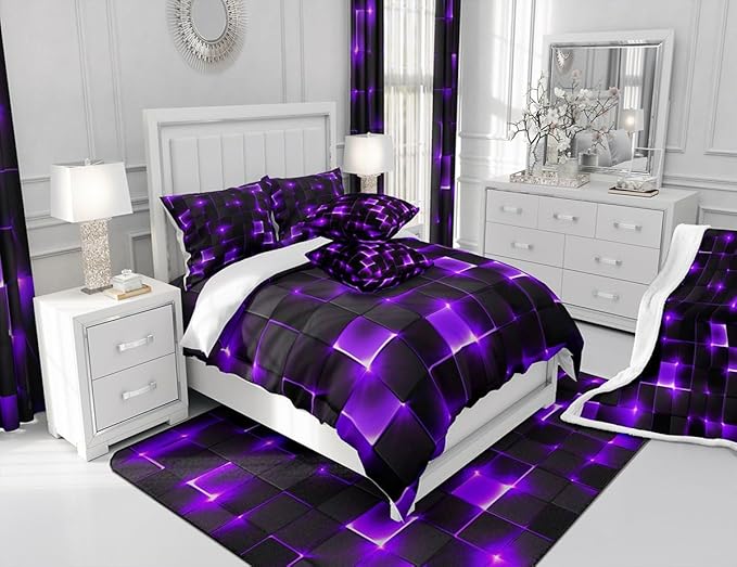 Castle Fairy Abstract Duvet Cover Queen Size,3D Modern Cool Geometric Grid Square Duvet Cover Set for Children Adult,Shiny Purple Neon Light Black Soft Comforter Cover for Dorm Room, Zipper, Ties