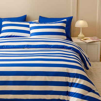 Wellboo Blue White Striped Comforter Sets Queen Navy Blue Striped Bedding Comforters Cotton Men Boys Modern Boho Black Geometric Quilts Blue and White Ticking Stripe Quilts Preppy Vertical Lines Bed