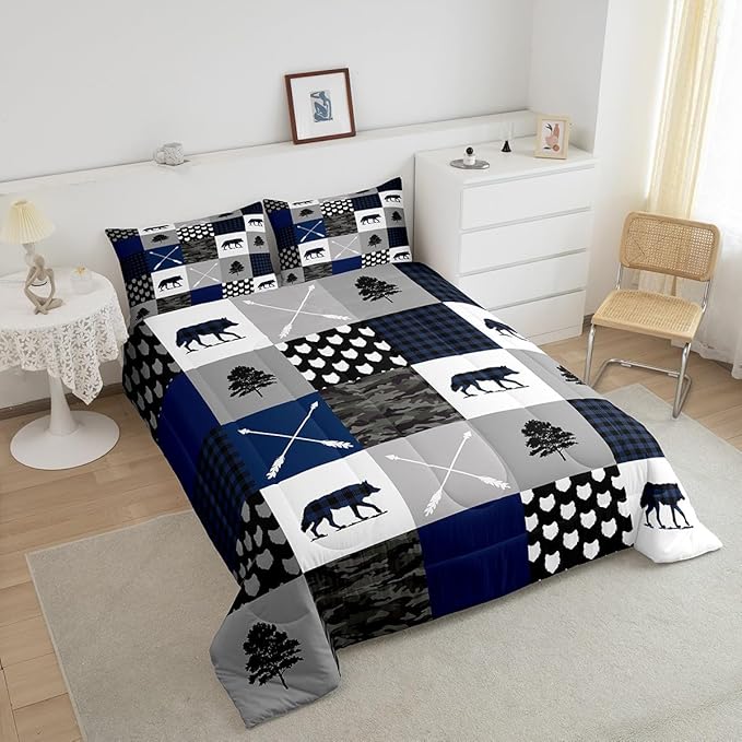 Feelyou Camo Comforter Set King Size Rustic Comforter for Boys Girls Teens Woodland Wolf Bedding Set Camping Quilt Set Hunting Adventure Duvet Set Cozy