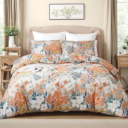 100% Cotton Duvet Cover King Size – Autumn Botanical Floral Duvet Cover Set with Zipper Closure, 3-Piece Soft Breathable Percale Weave Bedding Set for All Seasons