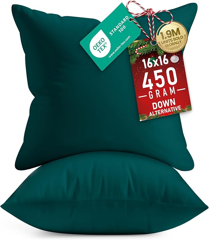 Utopia Bedding 16x16 Pillow Inserts, Set of 2, Dark Teal – Indoor Decorative Throw Pillows for Bed, Sofa & Couch – Soft, Supportive & Fluffy Cushion Inserts