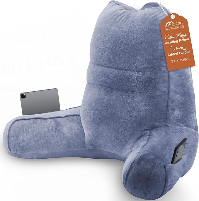 Sasttie Reading Pillow for Bed - 23 Inch, Back Pillow for Bed Sitting Up, Back-Rest Support Cushion with Side Pockets and Arms, Dorm Essentials, Oeko-Tex Certified, Grey Purple