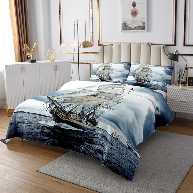 Erosebridal Nautical Coverlet Set Queen Size Retro Sailboat Bedspread for Boys Teens Kids Child,Ocean Theme Bedding Set Ocean Boat Quilt Set,Pirate Ship Bedroom Decor Vintage Style