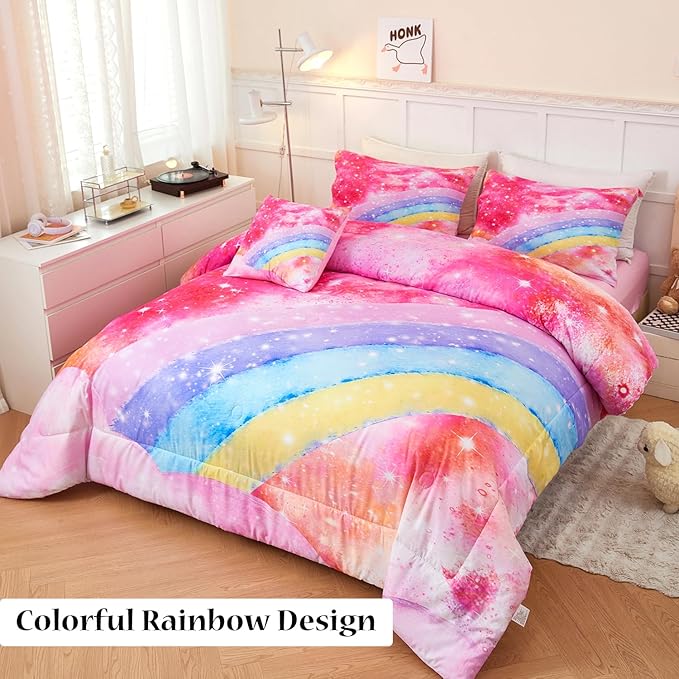 ANGIYUIN Rainbow Twin Size Comforter Set for Girls, 6 Pieces Sparkle Tie Dye Pink Girls Bedding Comforter Sets, Galaxy Kids Bed Sets, Gradient Glitter Soft Bed in A Bag wit Sheets