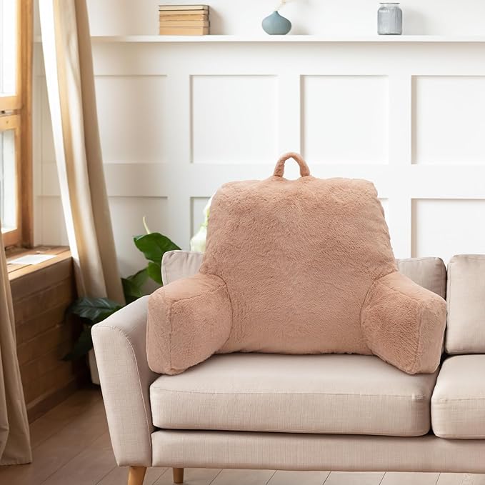 Reading Pillow Large Bed Pillow,Backrest Pillow with Arms, Back Support Pillow for Sitting Up in Bed, Couch for Lounging Bedrest,Camel