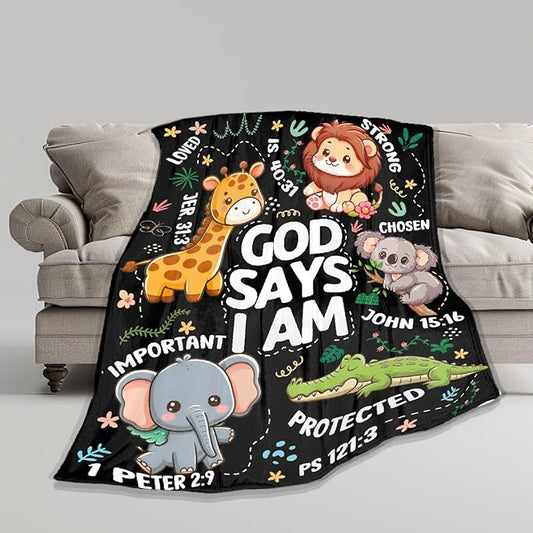 Bible Verse Blanket, Christian Gifts, God Says I am Blankets,Giraffe Lion Koala Elephant Print Animal Blankets, Cute Religious Baptism Gift for Son,Animals Lover Room Bed Decoration, 50"x60"