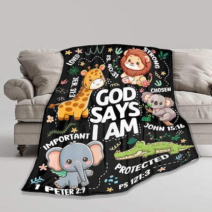 Bible Verse Blanket, Christian Gifts, God Says I am Blankets,Giraffe Lion Koala Elephant Print Animal Blankets, Cute Religious Baptism Gift for Son,Animals Lover Room Bed Decoration, 40"x50"