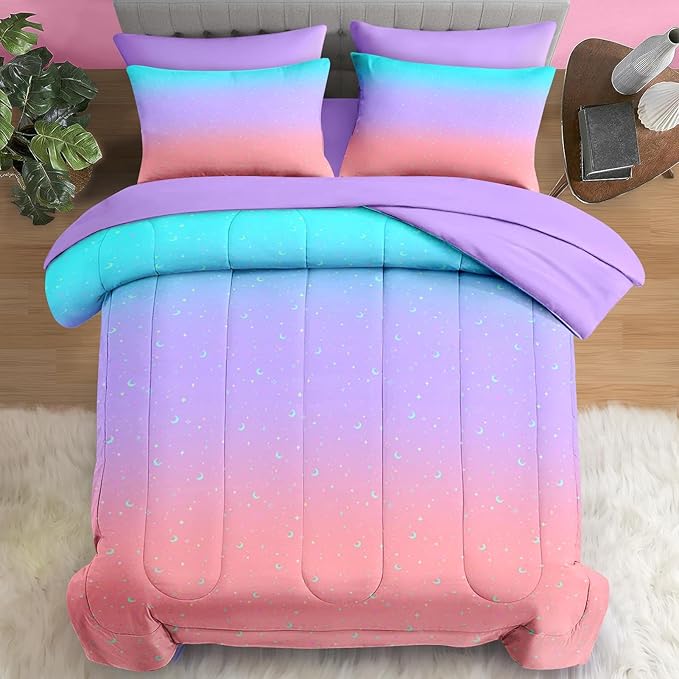 Comforter Set Twin Size, Colorful Rainbow Star Moon 5 Pcs Bedding for Kids and Adults, Purple Pink Blue Gradient Bed Sheet Sets with Fitted Sheet Pillowcase & Sham for Bedroom Bed Decor