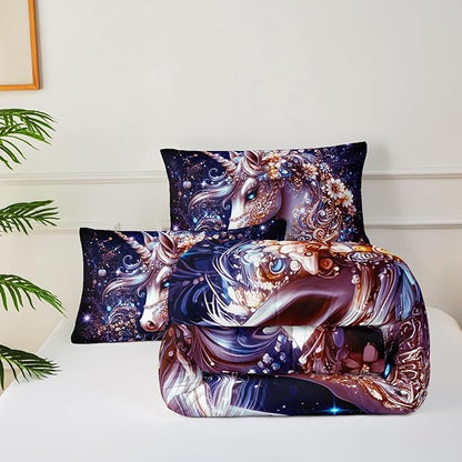 Black Unicorn Comforter Set Full Size，Unicorn Floral Full Bedding Set for Girls，with 1 Comforter with 2 Pillow Case