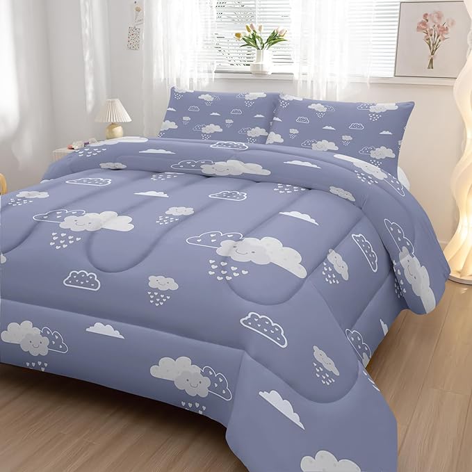 Cute Clouds Printed Bedding Comforter Set Twin Size for Teens and Adults,Clouds Printed Quilt Set for Bedroom 100% Soft Microfiber All Season with 1 Comforter and 2 Pillowcases