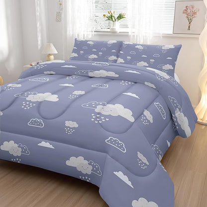 Cute Clouds Printed Bedding Comforter Set Queen Size for Teens and Adults,Clouds Printed Quilt Set for Bedroom 100% Soft Microfiber All Season with 1 Comforter and 2 Pillowcases