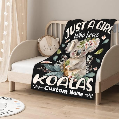 Koalas Custom Name Blanket for Girls Just A Girl Who Loves Koala Gifts for Women Soft Comfortable for Bedding Sofa Office Cinema Traveling 50x60inches
