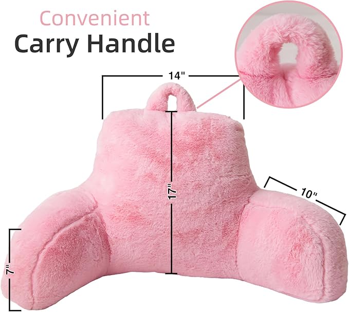 A Nice Night Faux Fur Reading Pillow Bed Wedge Large Adult Children Backrest with Arms Back Support for Sitting Up in Bed/Couch for Bedrest,BabyPink