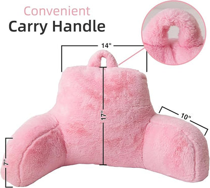 A Nice Night Faux Fur Reading Pillow Bed Wedge Large Adult Children Backrest with Arms Back Support for Sitting Up in Bed/Couch for Bedrest,BabyPink