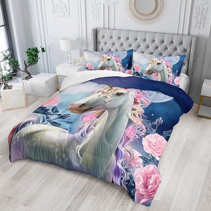 Kid Unicorn Comforter Set Full Size 3Pcs Moon Star Rose Pattern Quilt Balloon Bedding Set for Boys Girls with 1 Comforter and 2 Pillowcases