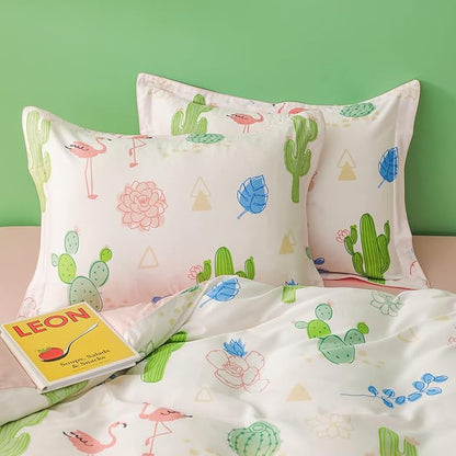 Simple&Opulence 100% Organic Cotton Duvet Cover for Kids Teens, 4 Pieces Soft Comforter Cover with Zipper Closure Warm Adorable Flamingo Bedding Set - Cactus, Full/Queen