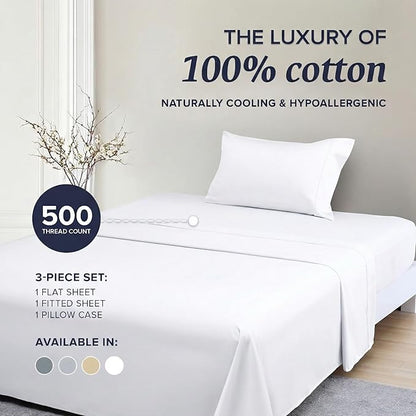 Beckham Hotel Collection Twin XL Sheet Set 100% Cotton, 500TC Luxury Sateen Bedding, 16” Deep Pocket, Moisture-Wicking, 3-Piece, White