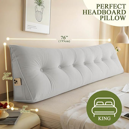 Headboard Pillow King, Large Triangular Wedge Headboard Pillow for Reading and Resting, Backrest Positioning Support Pillow with Removable Cover (Light Grey)