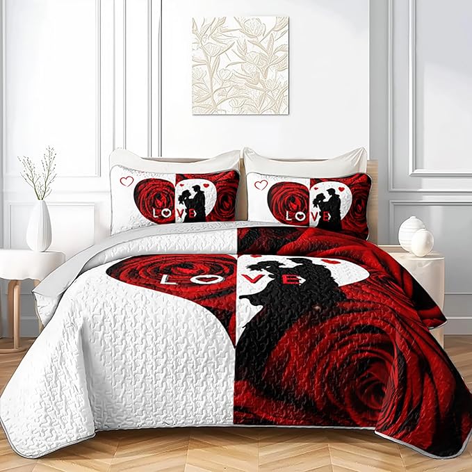 AILONEN Red and White Quilt Set Queen Size,Red Rose Flower Bedspread Coverlet for Couples Lovers,Soft Lightweight,3Pcs His & Hers Quilt & 2 Pillowcases