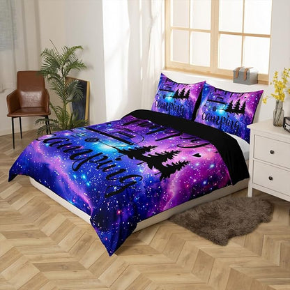 Galaxy Camper Bedding Set Queen Size,RV Happy Camping Sketch Duvet Cover Set for Children Bedroom Present, Purple Stars Universe Nebula Microfiber Comforter Cover with 2 Pillowcases