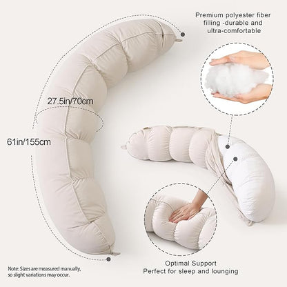 Peallow(Pat. Pend) – Long Round Body Pillow for Adults, Bolster Pillow for Sleeping, Soft and Supportive Pillow for Sleeping & Lumbar Support (Misty White,47")