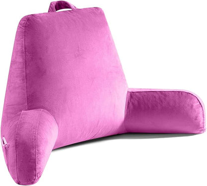 Reading Pillow for Sitting in Bed Adult, X-Large Reading Pillow with Shredded Memory Foam, Back Pillow for Sitting Up with Extend Arms, Pockets, Bed Pillow with Washable Cover, Rose Red