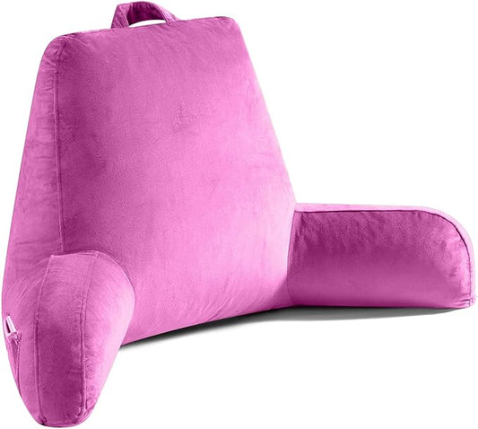 Reading Pillow for Sitting in Bed Adult, X-Large Reading Pillow with Shredded Memory Foam, Back Pillow for Sitting Up with Extend Arms, Pockets, Bed Pillow with Washable Cover, Rose Red