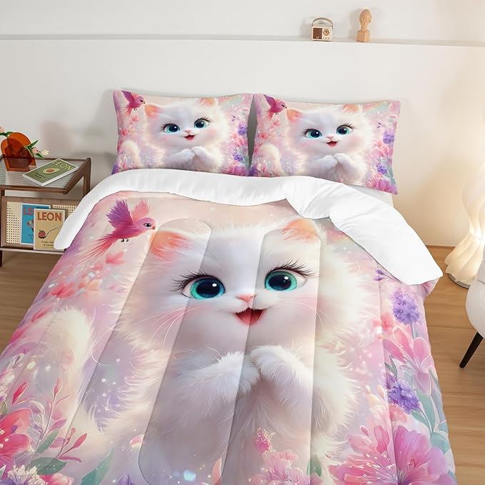 Kids Comforter Set King Size,Pink Cats Bedding Set for Girls Kawaii Room Decor,Colorful Flowers Rainbow Bed Set,Cute Pet Animal Themed Bedding with 2 Pillowcases.
