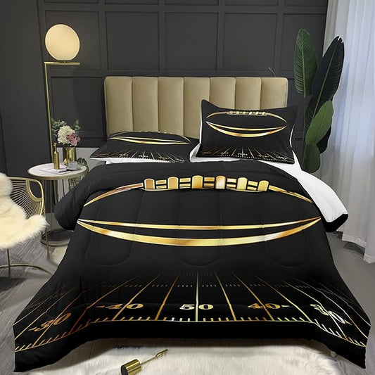 Bodhi Black and Gold Football Comforter Set King for Boys Kids Sport Comforter Football Bedding Set American Football Comforter with Pillowcase