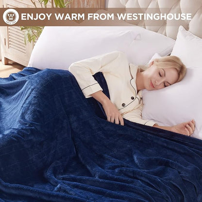Westinghouse Heated Queen Size Blanket - Electric With 10 Heating Levels, 1-12 Hours Auto Shut Off, Fast Warming, Machine Washable (84x90 Inches, Navy Blue)