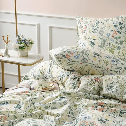 Floral Duvet Cover King Size Boho Aesthetic Green Botanical Bedding Set with Colorful Flower Print Pattern 3 Pcs Soft Microfiber Comforter Cover with Zipper Ties Garden Style