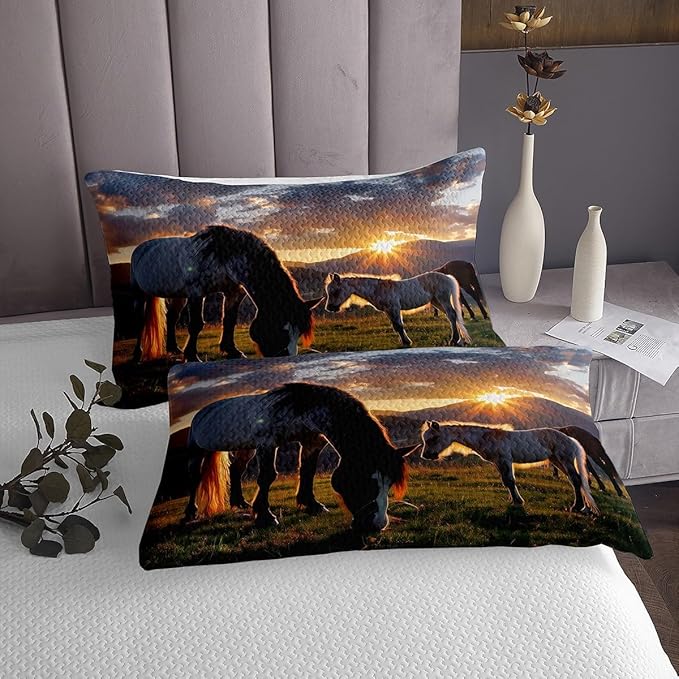 Horse Bedspread Farm Animal Quilted Mountain Sunset Coverlet Set for Teens Adult Boys Girls,Natural Landscape Farmhouse Western Animals Quilt Set Cowboy Cowgirl Wildlife Wild Animal Room Decor,Queen
